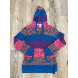 Roxy Hooded Sweater Women L Blue Pink Striped V-Neck Knit Kangaroo Pocket Boho